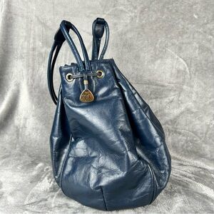 Vintage Morris Moskowitz Bucket Bag Navy Leather Drawstring Attached Coin Purse